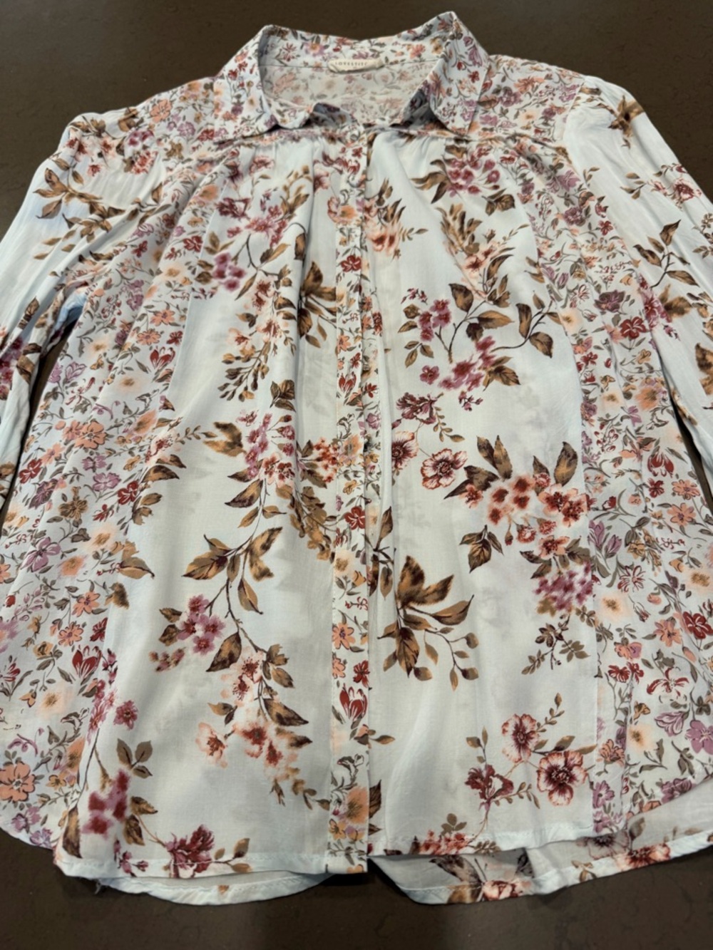 lovestitch White Floral Button-Front Blouse with Pink & Brown Floral Print - Picture 3 of 11